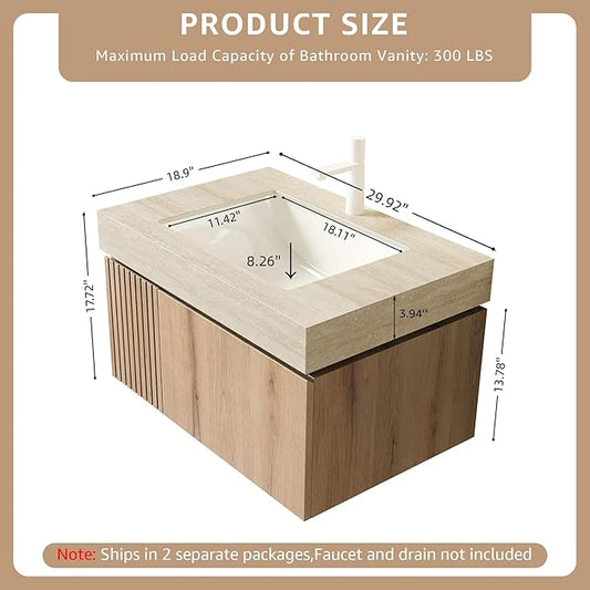 30” Floating Bathroom Vanity with Sink, Wall-Mounted Cabinet with Drawer & Doors, Roma Travertine-Pattern Countertop, Undermount Basin, Single Faucet Hole, Soft-Close, Pre-Assembled, Light Oak