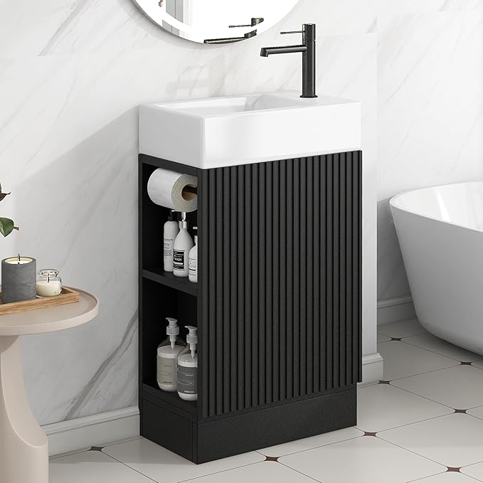 Harper & Bright Designs 18.6" Bathroom Vanity with Sink, Free Standing Single Basin Vanity Set with Storage Cabinet & Two-Tier Shelf, Wooden Bath Cabinet with Ceramic Basin for Bathroom, Black