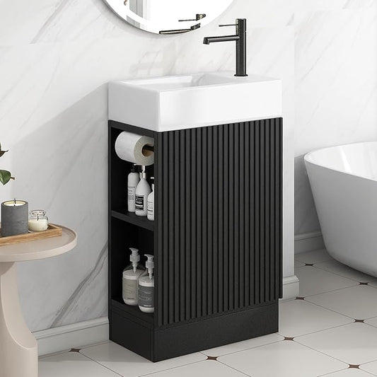 Merax Bathroom Vanity with Sink 18.6 Inch, Cabinet with Storage Shelf & Toilet Paper Holder, Left or Right Available,