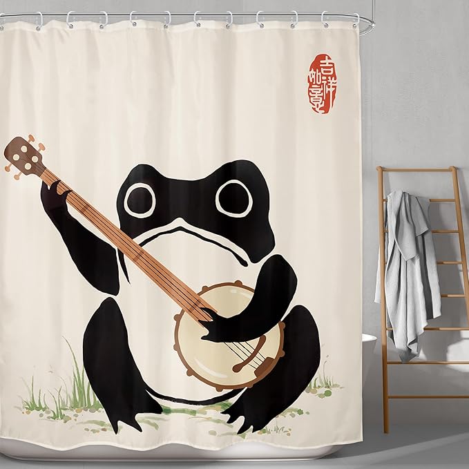 LGhtyro Funny Frog Shower Curtain Bathroom Set 60Wx71H Inches Japanese Asian Style Cute Animal Playing Banjo Vintage Traditional Art Retro Bath Accessories Beige Art Home Decor Fabric 12 Pack Hooks