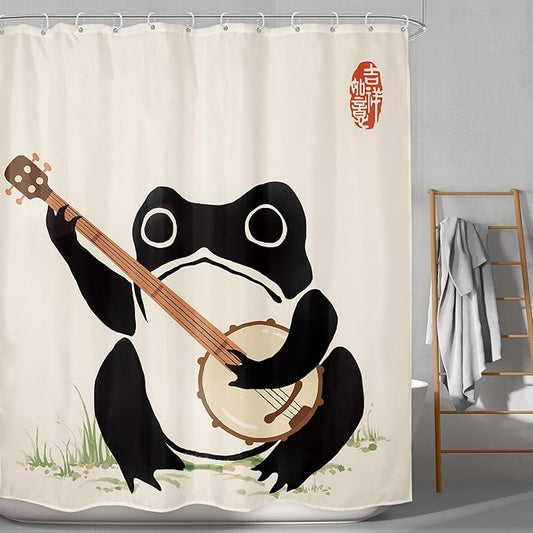 LGhtyro Funny Frog Shower Curtain Bathroom Set 60Wx71H Inches Japanese Asian Style Cute Animal Playing Banjo Vintage Traditional Art Retro Bath Accessories Beige Art Home Decor Fabric 12 Pack Hooks
