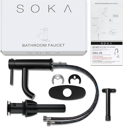 Bathroom Sink Faucet Single Handle Stainless Steel Lavatory Commercial Bathroom Faucet Bathtub Vanity Faucets with Deck Plate & Pop-Up Drain Assembly Fit for 1 & 3 Hole, Matte Black