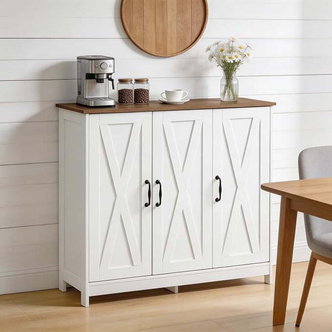 Farmhouse Buffet Storage Cabinet, 3-Door Sideboard Cabinet with Adjustable Shelves, Wood Countertop Freestanding Credenza for Kitchen, Living Room, White