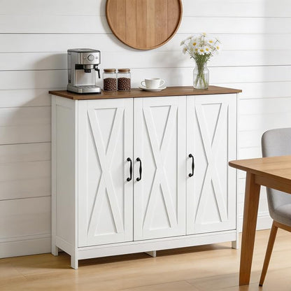 Farmhouse Buffet Storage Cabinet, 3-Door Sideboard Cabinet with Adjustable Shelves, Wood Countertop Freestanding Credenza for Kitchen, Living Room, White