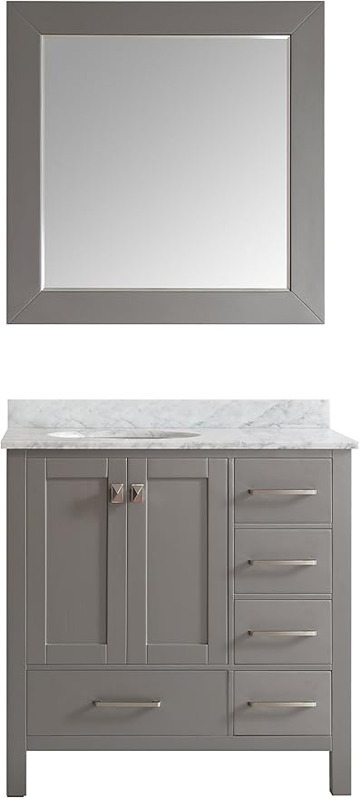 Eviva Aberdeen Grey BathVanity with Sink - 36 Inch Solid Wood Vanity Set -Bathroom Sink Cabinet - Contemporary Small Bath Vanity with Premium Countertop - Freestanding Bathroom Vanity