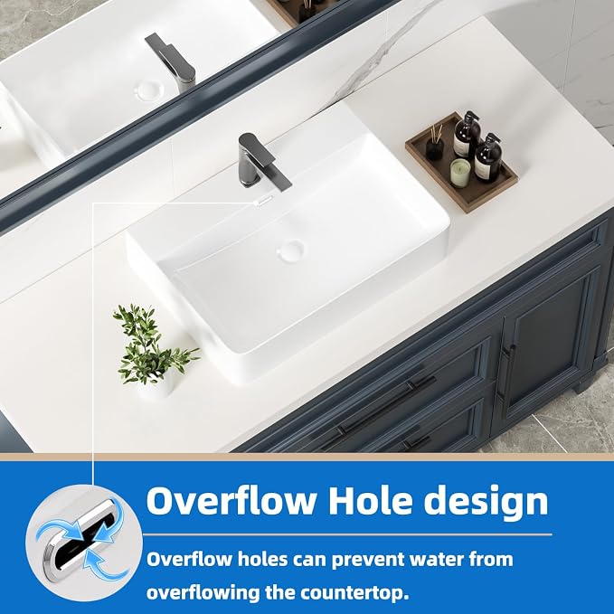 24" White Rectangular Ceramic Vessel Sink Bath Wall Mount/Above Counter | KINGWONG High-temp porcelain resists stains & thermal shock. Overflow hole. Easy Clean Glossy Finish for Master Bathroom