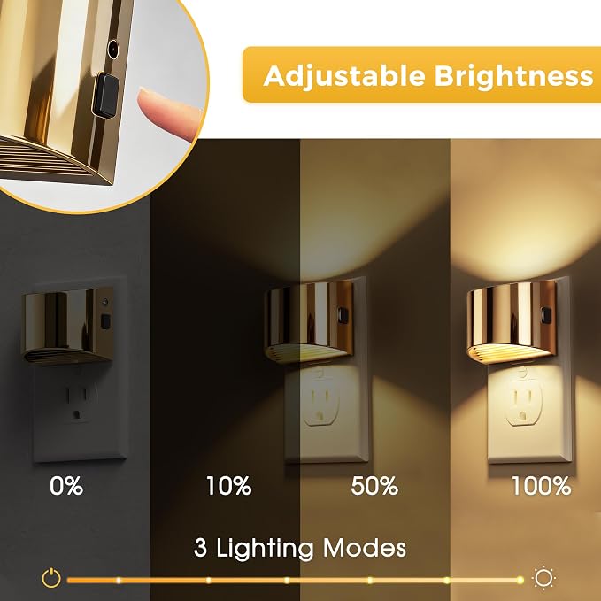 L LOHAS LED Night Lights Plug into Wall, Dimmable Night Light 2 Pack | Plug in Night Light with 3 Level Brightness, 3000K Soft White, Gold Housing