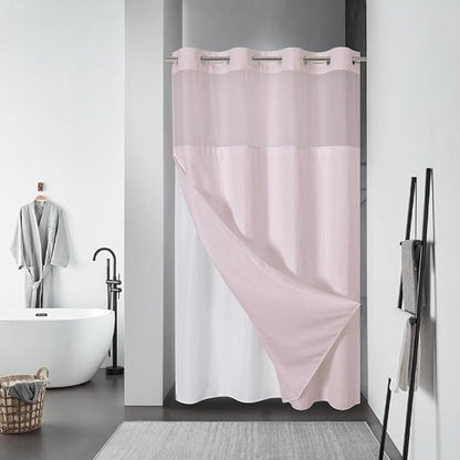 No Hook Waffle Shower Curtain with Snap-in Liner, 54x80 Inch, Blush Pink | 230GSM waffle weave fabric, waterproof liner set with 2 bottom magnets, mesh window, washable, for shower stalls or bathrooms