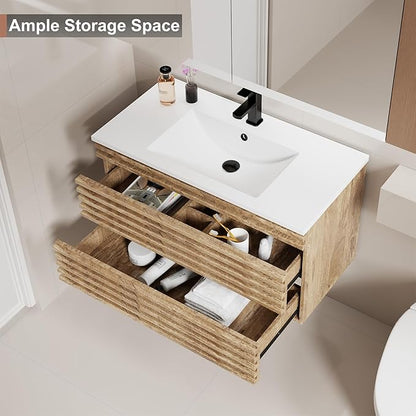 LUCKWIND 36" Floating Bathroom Vanity with Sink, Mid-Century Wall Mounted Big Drawer Cabinet with Large Sink, Water Saving Faucet and Wood Stripes Style, Oak