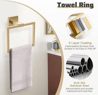 5-Piece Towel Bar Set Brushed Gold Bathroom Hardware Accessories Set Includes Upgraded Double Base Toilet Paper Holder,Modern Square Towel Holder Set Stainless Steel Wall Mount 23.6 Inch