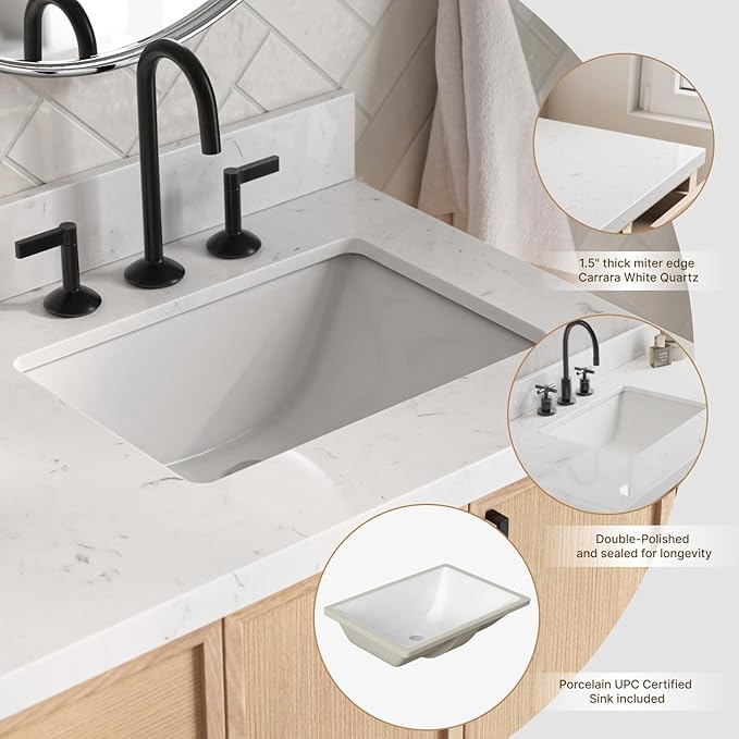 ARIEL Kelly 72-inch Bathroom Vanity with Sink,Solid Wood, 1.5-inch Carrara White Quartz Countertop, Double Rectangular Porcelain Sink, 4 Soft Closing Doors, 5 Dovetail Drawers, White Oak