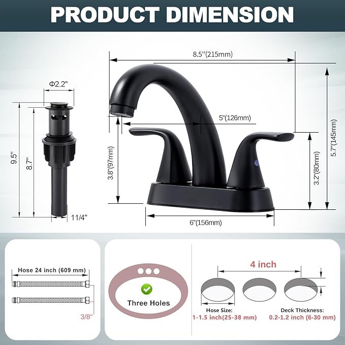 ALEASHA Black Bathroom Sink Faucet - 4 Inch Centerset 2 Handle With Pop Up Drain Stopper, Lavatory Vanity Faucet