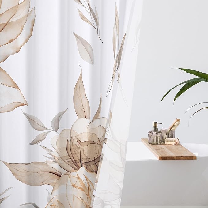 Litabel Extra Long Boho Watercolor Floral Shower Curtain 72 x 84, Light Brown and Grey Ink Painting Style Flower Shower Curtains for Chic Elegant Bathroom, Artistic XL Fabric Cloth Shower Curtain