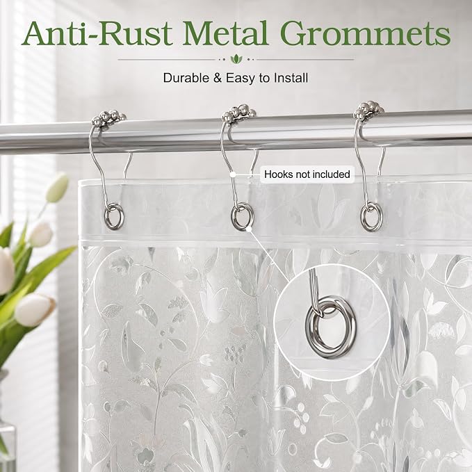 EurCross Frosted Clear Shower Curtain with Floral and Foliage Texture, Flexibility PVC-Free PEVA Botanical Design Shower Curtain Liner with 3 Heavy Duty Magnetic Magnets 72X72inch