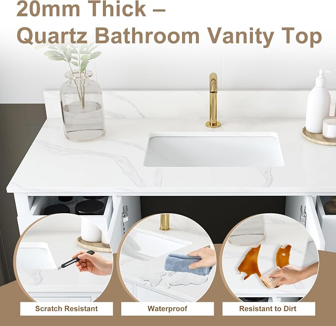 42 Inch Bathroom Vanity with Sink&Countertop,Carrara White Quartz Vanity Top with Sink&Backsplash,White Bathroom Cabinet Set with 2 Doors and 9 Drawer(Single Hole)