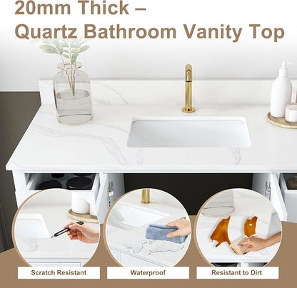 42 Inch Bathroom Vanity with Sink&Countertop,Carrara White Quartz Vanity Top with Sink&Backsplash,White Bathroom Cabinet Set with 2 Doors and 9 Drawer(Single Hole)