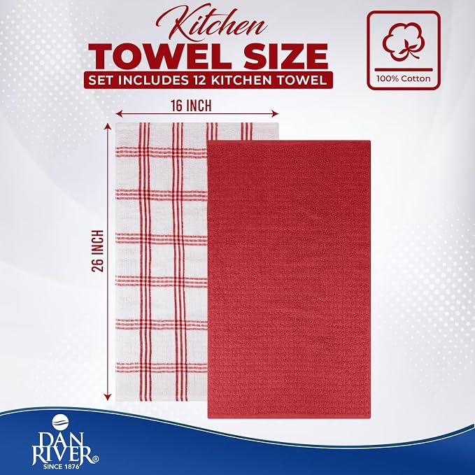 DAN RIVER Red Kitchen Towels, 12 Pack, 16x26 Inches Absorbent Dish Towels | 100% Cotton Absorbent Soft cotton kitchen towels for drying dishes, Quick Dry, Dish Towels for kitchen,Tea and Bar towels set