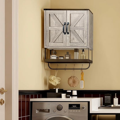 Over The Toilet Storage Cabinet, Bathroom Above Toilet Cabinet Organizer with Doors and Adjustable Shelves, Bathroom Shelf Organizer with Anti-Tip Device & Drain Rack, White (Brown)