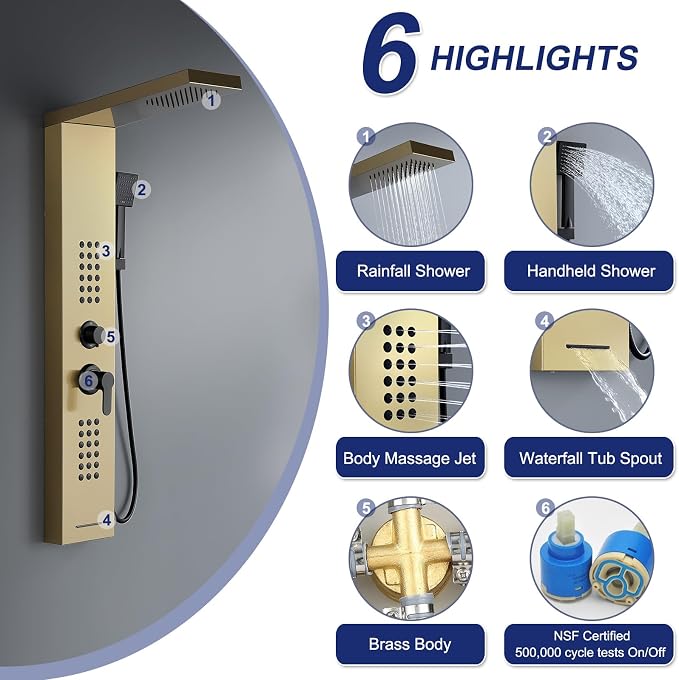 4 in 1 Rainfall Shower Panel Tower with Powerful Body Jets, Gold | High Pressure Stainless Steel Shower Column with Flexible Handheld, Waterfall Tub Spout, Adjustable Waterflow