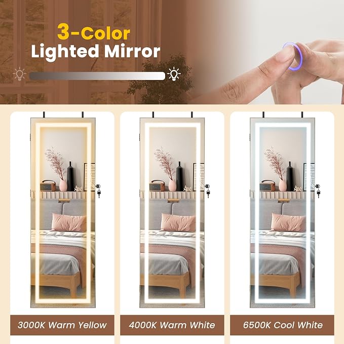 GOFLAME LED Mirror Jewelry Cabinet 42.5”, Wall/Door Mounted Full Length Mirror with Storage, 3-Color Lights, Interior Makeup Mirror, Jewelry Storage Organizer, Lockable Jewelry Armoire, Rustic Brown