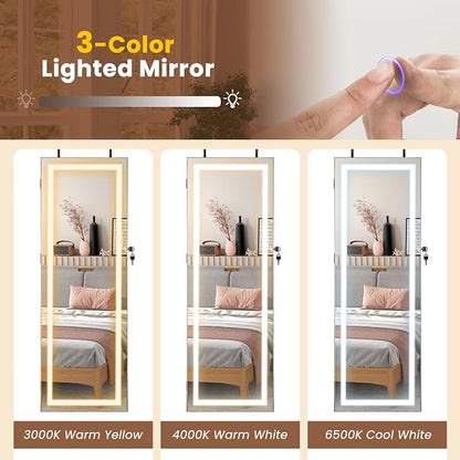 GOFLAME LED Mirror Jewelry Cabinet 42.5”, Wall/Door Mounted Full Length Mirror with Storage, 3-Color Lights, Interior Makeup Mirror, Jewelry Storage Organizer, Lockable Jewelry Armoire, Rustic Brown
