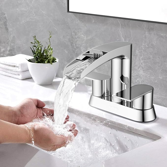 Bathroom Sink Faucet for 3 Hole, Hurran 4 Inch Bathroom Faucets with Pop-up Drain, Stainless Steel 2-Handle Waterfall Faucet for Bathroom Sink, Chrome