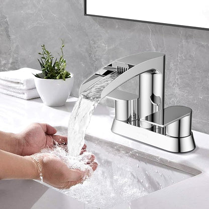 Bathroom Sink Faucet for 3 Hole, Hurran 4 Inch Bathroom Faucets with Pop-up Drain, Stainless Steel 2-Handle Waterfall Faucet for Bathroom Sink, Chrome