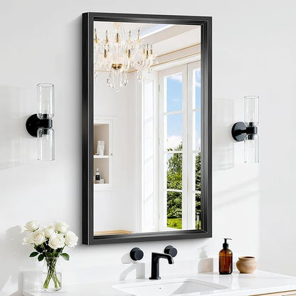 20x36 Inch Black Bathroom Mirror, Brushed Black Rectangle Mirror for Over Sink, 0.6" Thickened Deep Aluminum Frame Rectangular Vanity Mirror, Tempered Glass, Antirust, Horizontally/Vertically