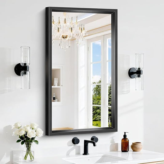 20x36 Inch Black Bathroom Mirror, Brushed Black Rectangle Mirror for Over Sink, 0.6" Thickened Deep Aluminum Frame Rectangular Vanity Mirror, Tempered Glass, Antirust, Horizontally/Vertically