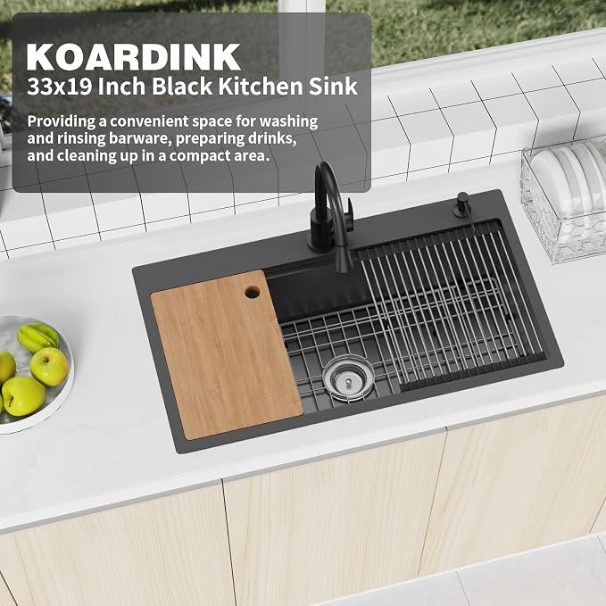 33x19In Black Drop-in Workstation Sink,Stainless Steel,Single Bowl | Modern Topmount Kitchen Sink Combo, Include Grid,Drying Rack,SS Colander,Cutting Board, Compatibility With Various Kitchen