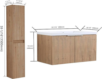 Henf 84" Floating Double Sink Bathroom Vanity Brown Wall Mount Bathroom Vanity Cabinet with Sink Combo, 84-Inch Bathroom Vanities Set with Open Storage Shelf & Side Cabinet & 2 36in Bathroom Vanities