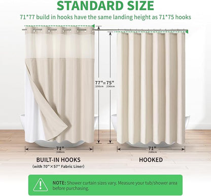 eachope No Hooks Needed Linen Textured Shower Curtain with Snap-in Fabric Liner Set,Cream Hotel Luxury Decor Shower Curtains for Bathroom,Waterproof & Washable,71Wx77H | 230GSM Thick Fabric,Hotel Luxury Decor,Mesh Top Window,Magnetic Weighted Hem,Water...