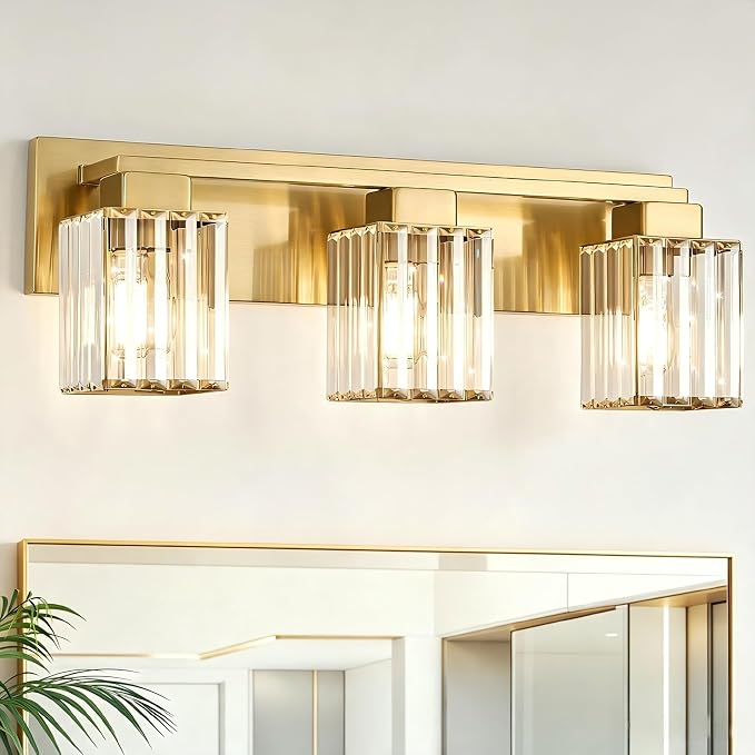 Brushed Gold Bathroom Light Fixtures, 3-Light Vanity Light Over Mirror | Wall Sconces with Square Crystal Shades, E26 Socket, Modern Vanity Lights for Bathroom (Bulbs Not Included)