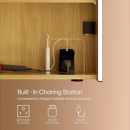 28x20 LED Lighted Bathroom Medicine Mirror Cabinet with Sockets & USBs, Anti-Fog Dimmable Light and Color Adjustment, Easy to Install, Moisture-Resistant Wood, Oak