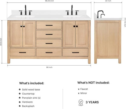 DKB Beckford 66-Inch Oak Double Bathroom Vanity with Sink, 1.5-Inch Carrara White Quartz Countertop & 4" Backsplash, Soft Closing Doors & Drawers, Matte Black Hardware