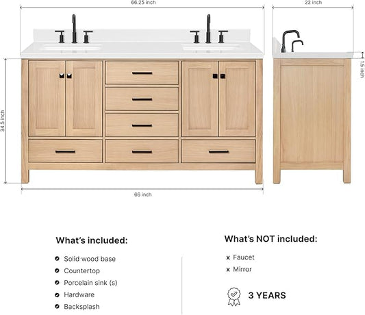 ARIEL Cambridge 66-inch Bathroom Vanity with Sink,Solid Wood, 1.5-inch Carrara White Quartz Countertop, Double Rectangular Porcelain Sink, 4 Soft Closing Doors, 6 Dovetail Drawers, White Oak