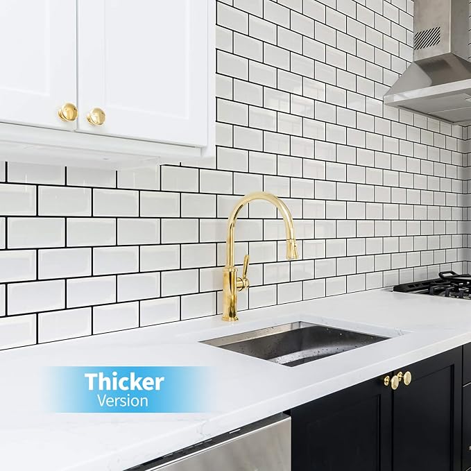 Art3d Peel and Stick Backsplash for Kitchen White Subway (10 Tiles, Thicker Design) | Thickened Design, No Warping, Durable, Self-Adhesive, Sturdy, for Kitchen, Bedroom, Ideal for New Home Buyers, Future Movers