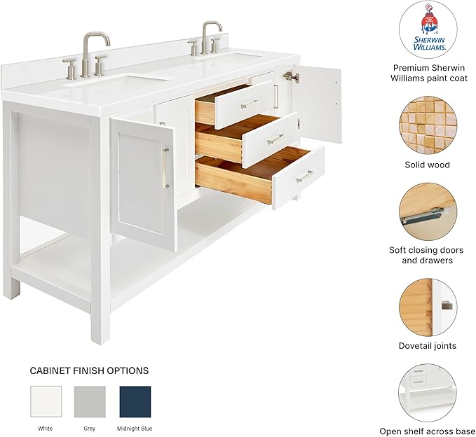 DKB Olivia 72-Inch White Double Bathroom Vanity, 1.5-Inch Carrara Quartz Countertop & Backsplash, Rectangular Undermount Sinks, 4 Soft Closing Doors, 3 Dovetail Drawers, Open Shelf, Brushed Nickel