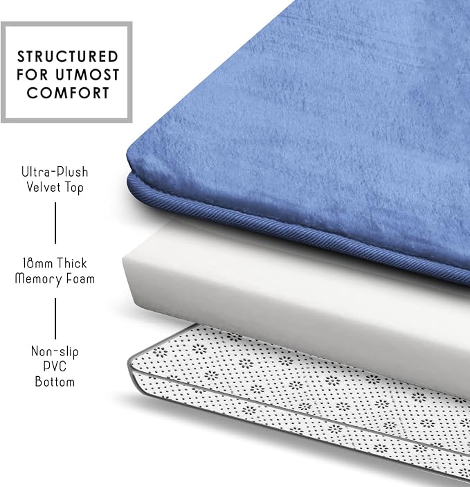 Clara Clark 3 Piece Bathroom Rugs Bath Mat Set, Velvet Memory Foam Bath Mats for Bathroom - Non-Slip, PVC Backing Bath Rugs, Washable - Dries Quickly, Blue