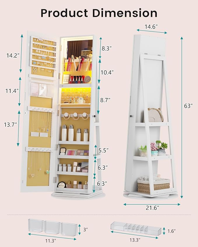 Vlsrka 360° Swivel Mirror Jewelry Cabinet, Lockable Jewelry Armoire, White | Standing Jewelry Cabinet with Lights, Framelss Mirror with Storage, Foldable Makeup Shelf, Interior Mirror, Gift for Women