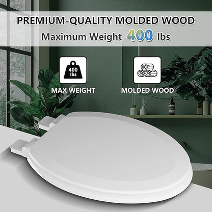 Elongated Toilet Seat Angol Shiold Quiet-Close Molded Wood Toilet Seat with Non-Slip Adjustable Hinges, Anti-Pinch Bumpers, Easy Install & Clean（White, Elongated 18.5''）