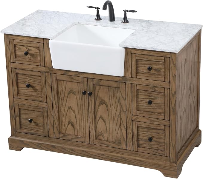 48" Pre-Assembled Bathroom Vanity with Sink, Solid Birch and MDF, Carrara White Marble Countertop Attached, Single Rectangle Porcelain Sink, 6 Soft-Close Drawers, Driftwood