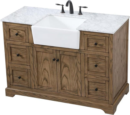 48" Pre-Assembled Bathroom Vanity with Sink, Solid Birch and MDF, Carrara White Marble Countertop Attached, Single Rectangle Porcelain Sink, 6 Soft-Close Drawers, Driftwood