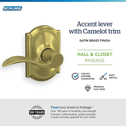 SCHLAGE Accent Lever with Camelot Trim Hall and Closet Lock in Satin Brass - F10 ACC 608 CAM