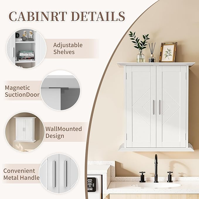 VECELO Bathroom Wall Mounted Medicine Cabinet, Over The Toilet Storage with Adjustable Shelf and 2 Doors, Space Saving Cupboard for Kitchen, Living Room, Bedroom, Entryway, White