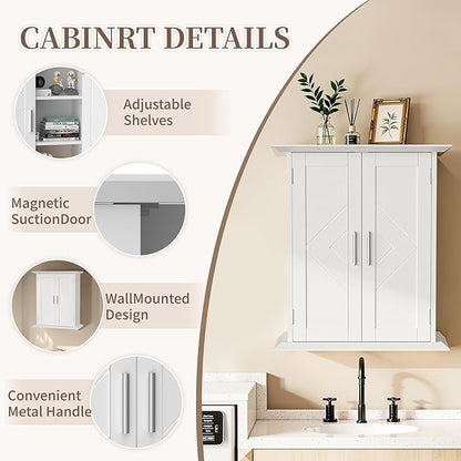 VECELO Bathroom Wall Mounted Medicine Cabinet, Over The Toilet Storage with Adjustable Shelf and 2 Doors, Space Saving Cupboard for Kitchen, Living Room, Bedroom, Entryway, White