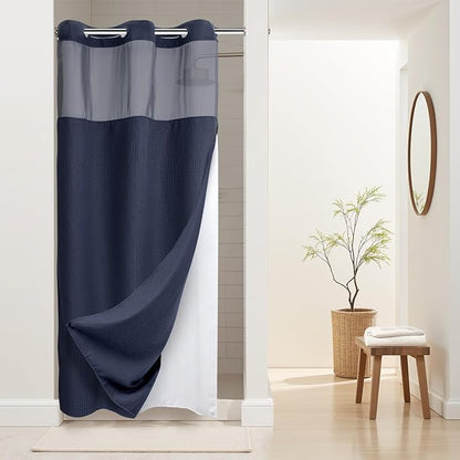 River Dream Heavyweight Waffle No Hook Shower Curtain with Liner,Navy,36x74 | Dotted Waffle,Snap-in Liner,Heavy Duty,Quick Dry,Mesh Top Window,With Bottom Magnets,Hotel-Grade,Washable,Small Stall Size