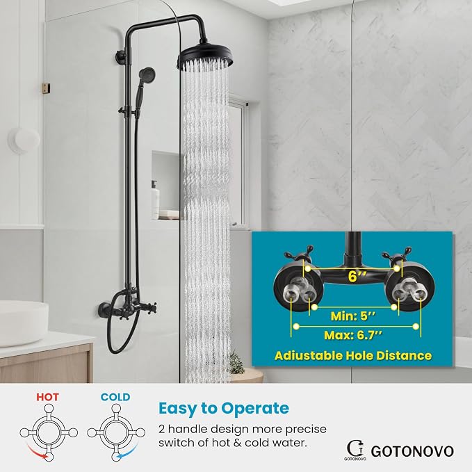 gotonovo Exposed Shower System Wall Mount,Oil Rubbed Bronze,Metal Handheld | 8” Rain Shower Head Faucet Set Fixtures,2 Function,Two Cross Handle,Height Adjustable,for 5-6.7" Hole,Indoor Victorian Retro