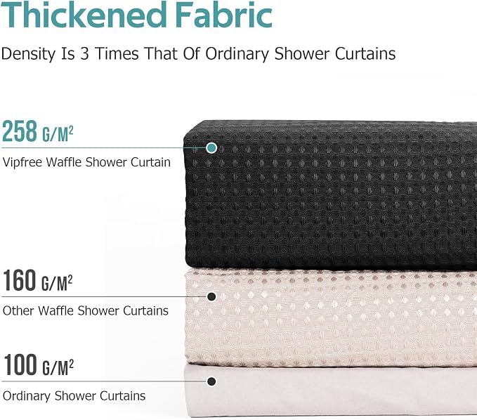 3 in 1 Shower Curtain Set, Waffle Shower Curtain and Liner Set with 12 Double Sided Shower Curtain Hooks, 258GSM Luxury Weighted Cloth Shower Curtains for Bathroom, 72 W x 84 H, Black