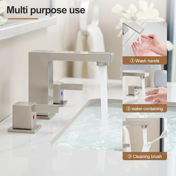 8 Inch Widespread Bathroom Faucet 3 Hole, 2 Handle Brushed Nickel Vanity Sink Faucet for Lavatory, Washbasin, Vanity, Commercial, with Deck, Pop-up Drain and cUPC Supply Hoses